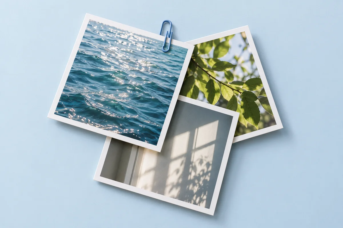 A blue paper clip connects a few everyday photographs